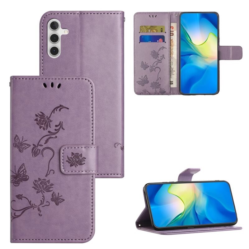 Lærveske Sommerfugler Samsung Galaxy S24 Lilla - Fint lommeboketui med mønster