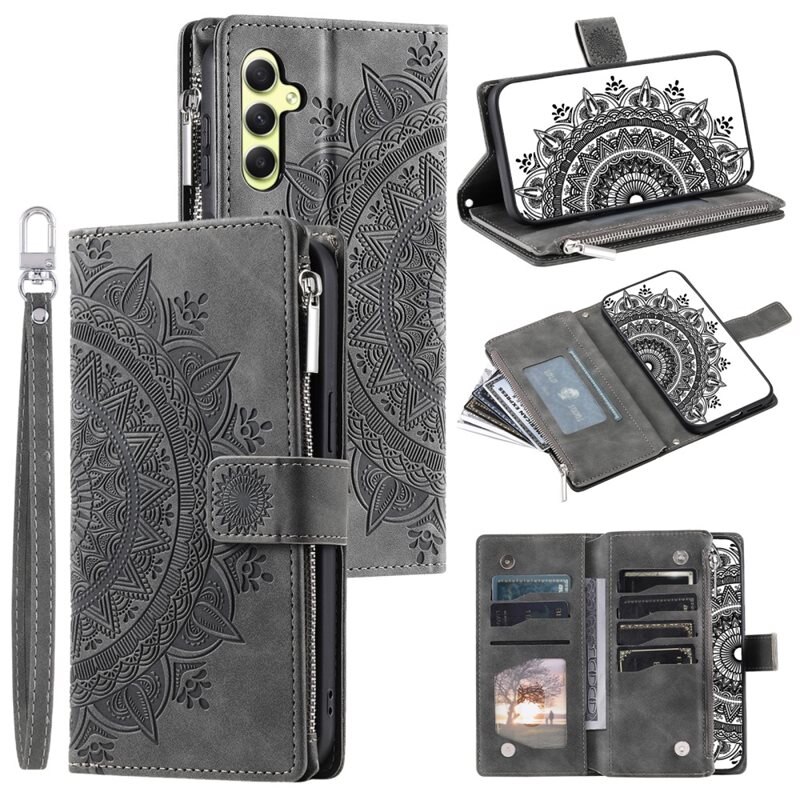 Lommebokveske Samsung Galaxy A55 Mandala grå