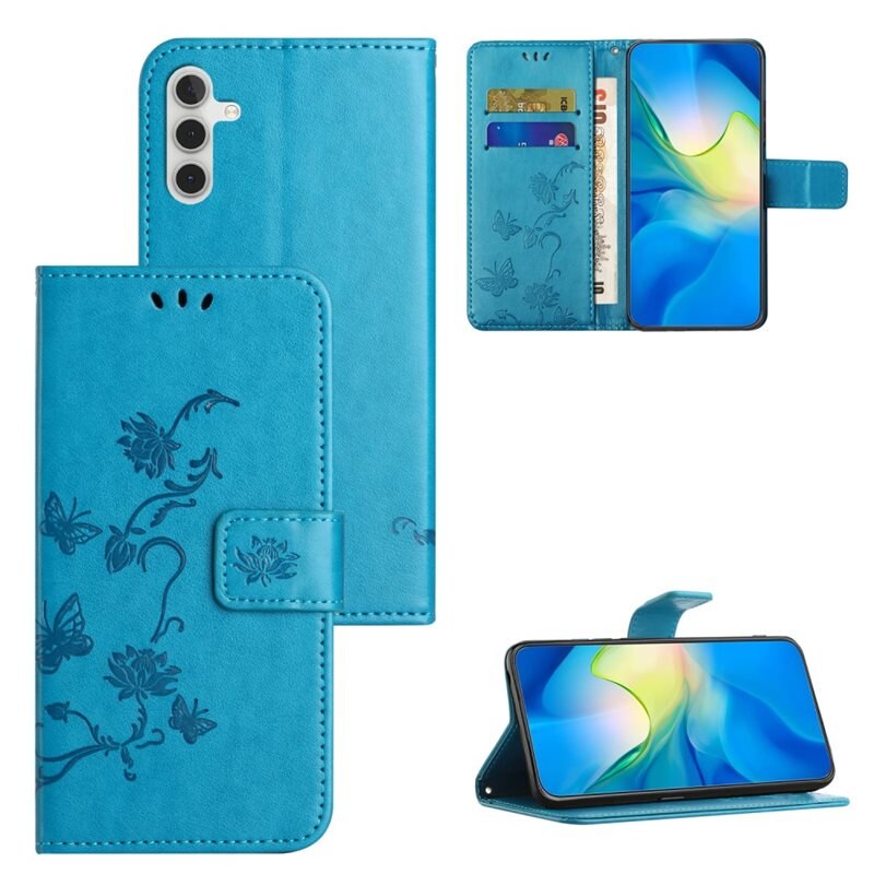 Lærveske Sommerfugler Samsung Galaxy A55 Blå - Fint lommeboketui med mønster