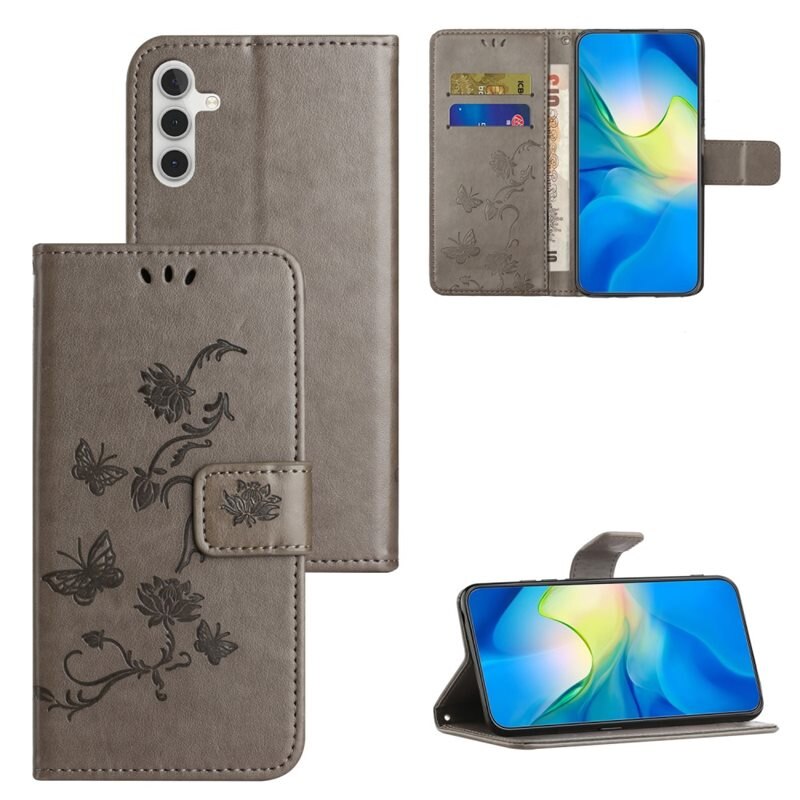 Lærveske Sommerfugler Samsung Galaxy A55 Grå - Fint lommeboketui med mønster