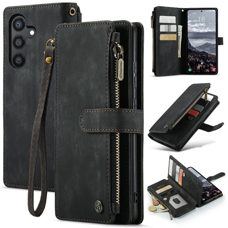 CaseMe Zipper Wallet Samsung Galaxy S24 Plus Svart - Mobildeksel med innebygd lommebok, myntlomme og seddellomme