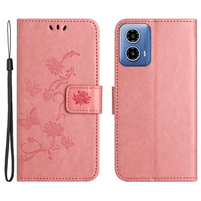 Lærveske Sommerfugler Motorola Moto G04 Rosa - Fint lommeboketui med mønster