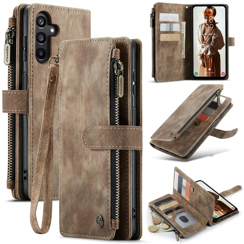 CaseMe Zipper Wallet Samsung Galaxy A15 Brun - Mobildeksel med innebygd lommebok, myntlomme og seddellomme