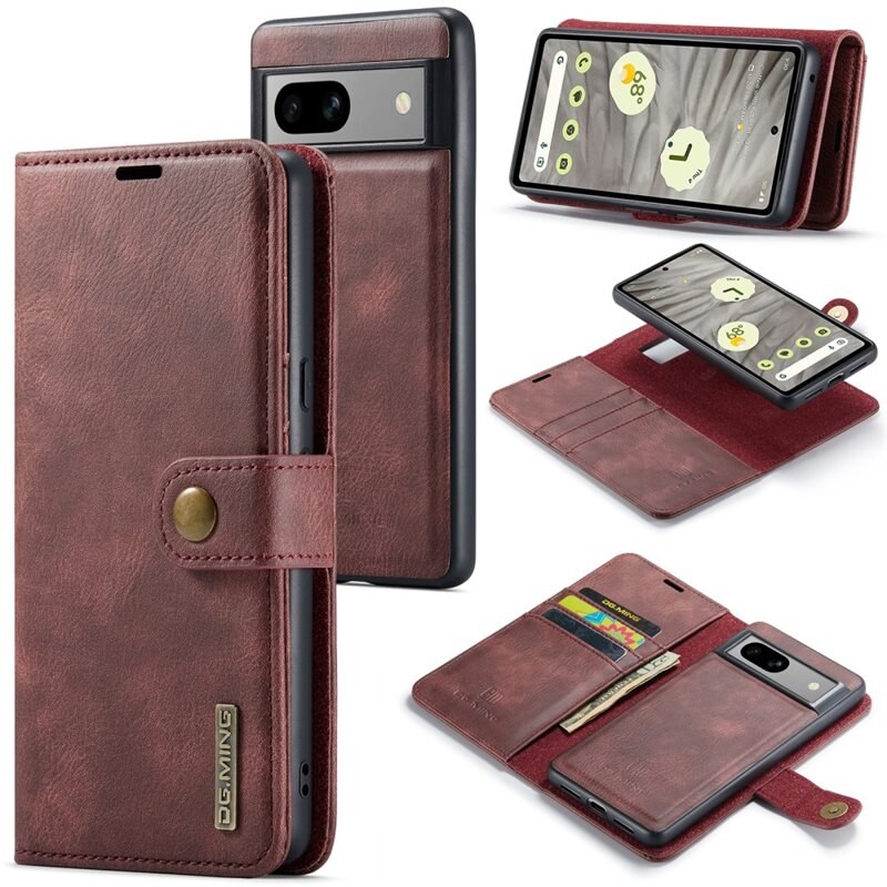 DG.MING Magnet Wallet Google Pixel 8a Red - Stilrent lær-etui med avtagbart magnetisk deksel