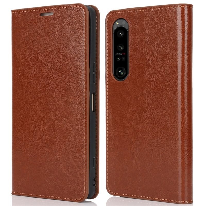 Mobiletui Ekte Lær Sony Xperia 1 VI Brun - Tynn etui med kortlomme og støttefunksjon