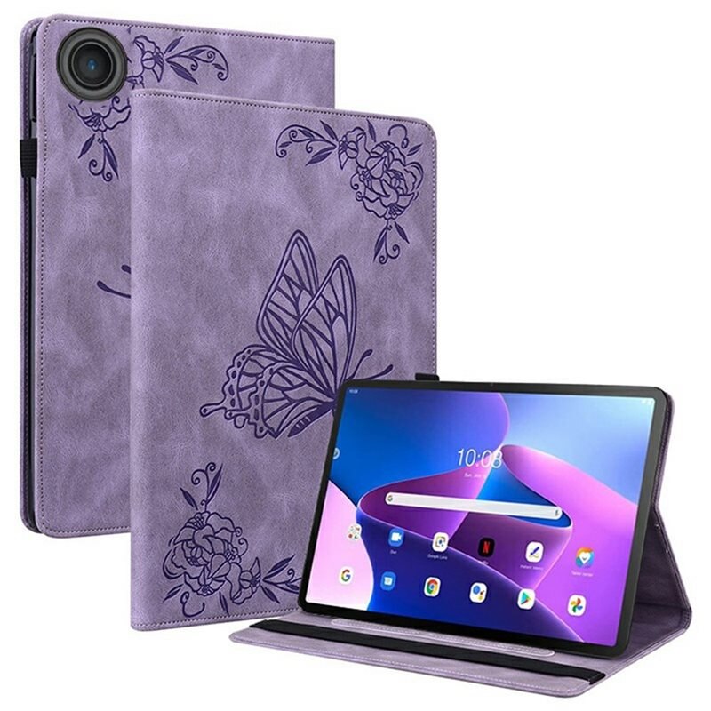 Lærveske Sommerfugler Lenovo Tab Lilla - Fint nettbrettfutteral med mønster