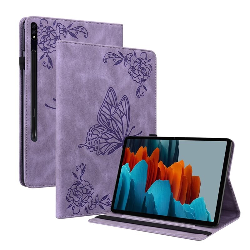 Lærveske Sommerfugler Samsung Galaxy Tab S7 FE Lilla - Fint nettbrettfutteral med mønster