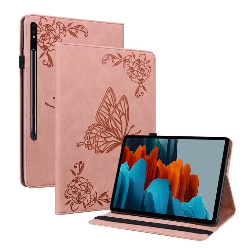 Lærveske Sommerfugler Samsung Galaxy Tab S9 FE Plus Rosa - Fint nettbrettfutteral med mønster