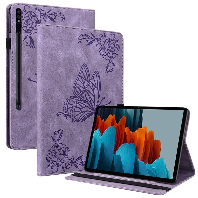 Lærveske Sommerfugler Samsung Galaxy Tab S9 FE Lilla - Fint nettbrettfutteral med mønster