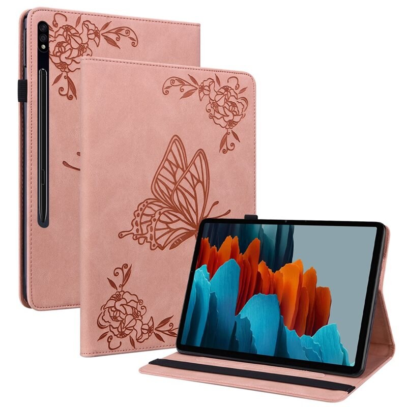 Lærveske Sommerfugler Samsung Galaxy Tab S9 Rosa - Fint nettbrettfutteral med mønster