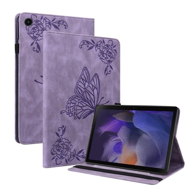Lærveske Sommerfugler Samsung Galaxy Tab A9 Plus Lilla - Fint nettbrettfutteral med mønster