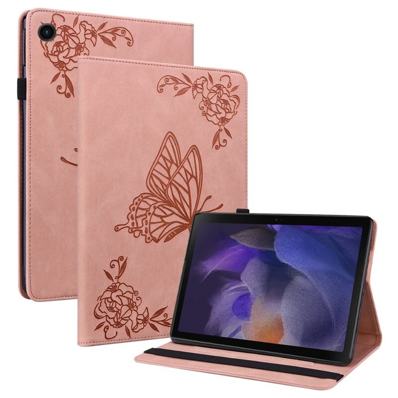 Lærveske Sommerfugler Samsung Galaxy Tab A9 Rosa - Fint nettbrettfutteral med mønster