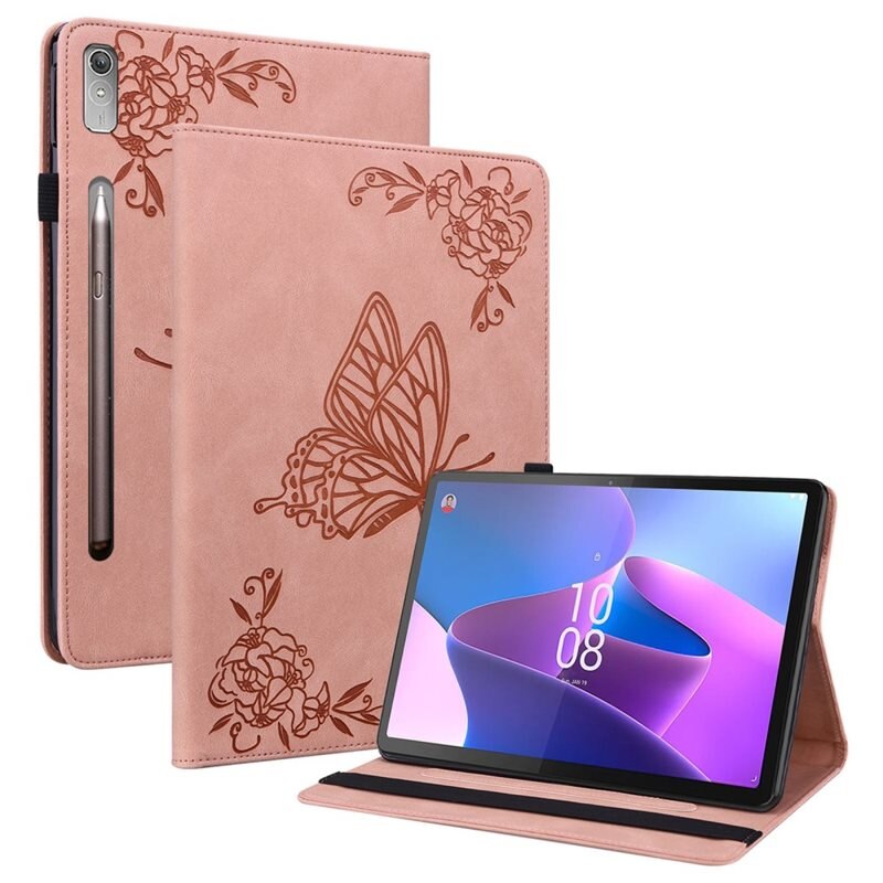 Lærveske Sommerfugler Lenovo Tab P12 Rosa - Fint nettbrettfutteral med mønster