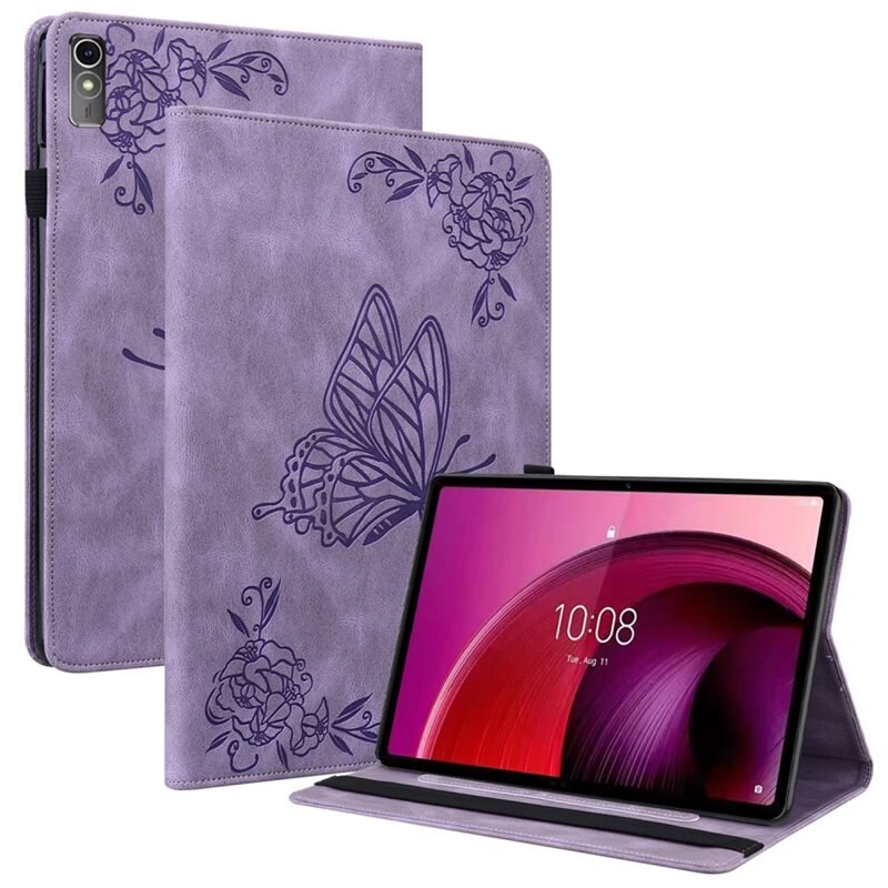 Lærveske Sommerfugler Lenovo Tab M10 5G Lilla - Fint nettbrettfutteral med mønster
