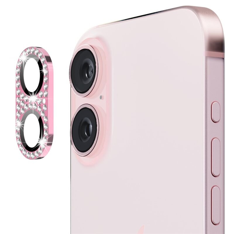 Hat Prince Glitter Kamerabeskyttelse Aluminium+Herdet Glass iPhone 16 rosa