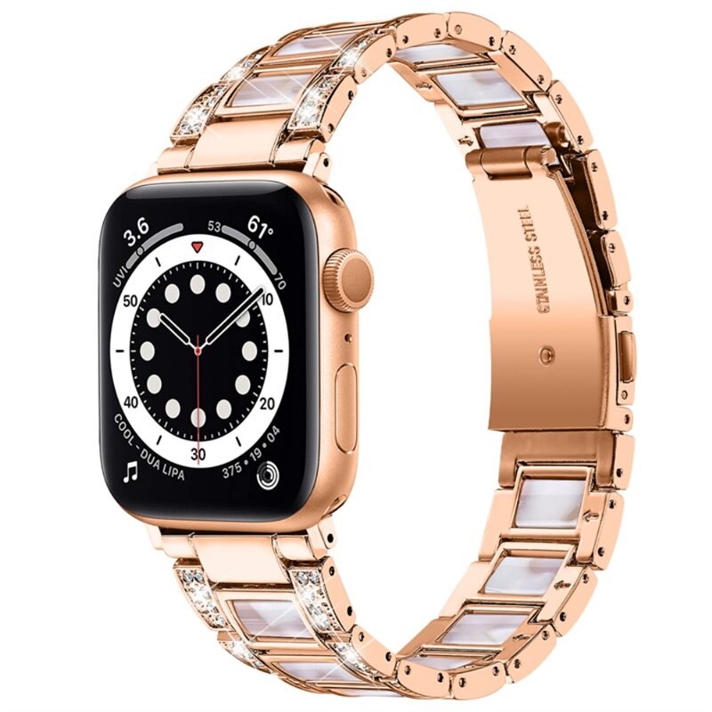 Diamond Bracelet Apple Watch Series 10 42mm Rosegold Pearl - Luksuriøst metallreim av rustfritt stål med diamantlignende steiner