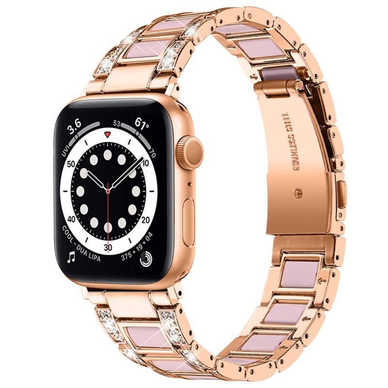 Diamond Bracelet Apple Watch Series 10 42mm Rosegold Rose - Luksuriøst metallreim av rustfritt stål med diamantlignende steiner