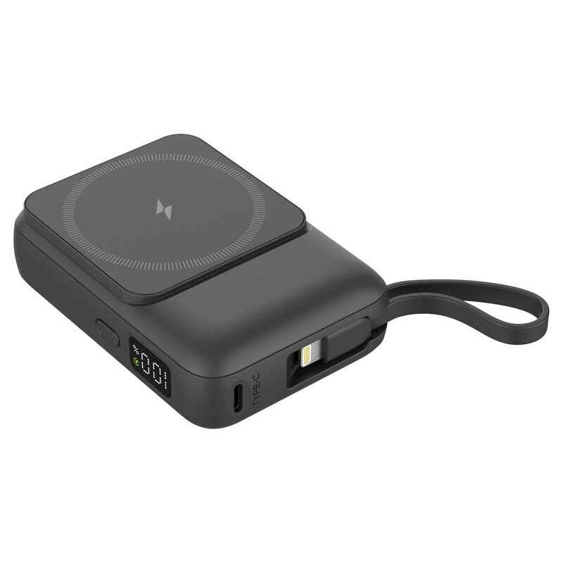 Clas Ohlson Powerbank med trådløs lading og innebygde kabler 10000 mAh 15W Svart