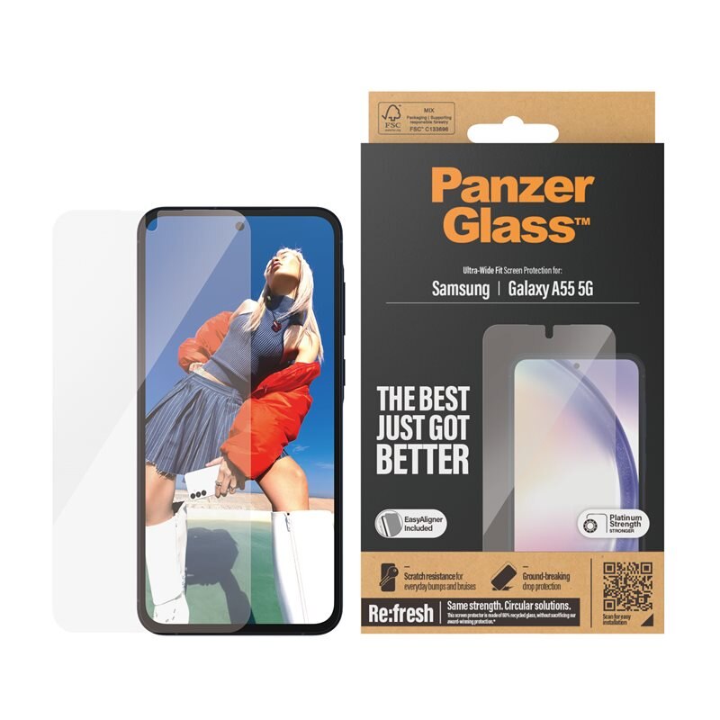 PanzerGlass Samsung Galaxy A55 Skjermbeskytter (with EasyAligner) Ultra Wide Fit - Herdet glass skjermbeskytter med monteringsramme - Enkel