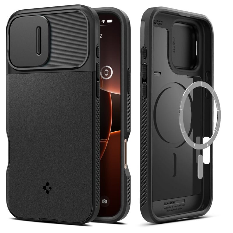 Spigen Optik Armor MagSafe iPhone 16 Pro Max Black - Mobildeksel med MagSafe og Kamerabeskyttelse