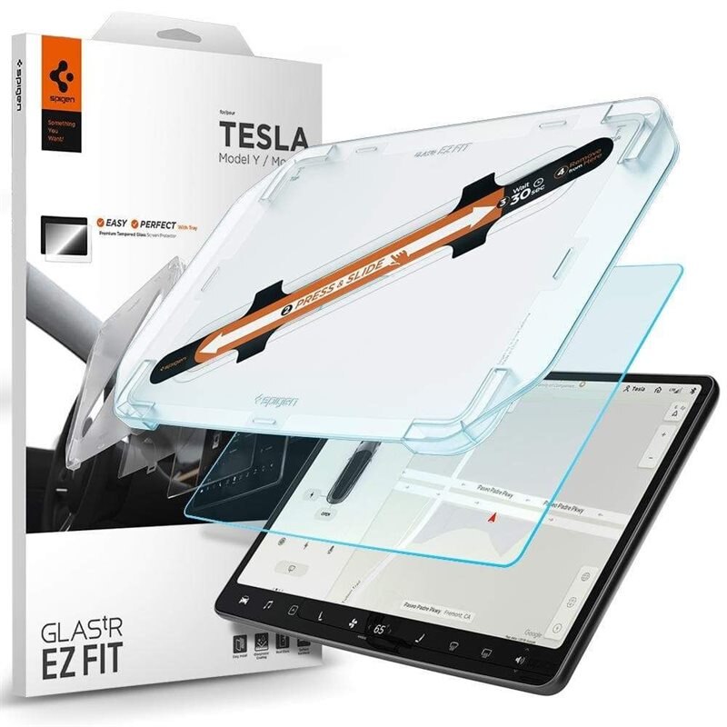 Spigen Tesla Model Y/3 GLAS.tR EZ Fit Anti-Glare - Herdet glass skjermbeskytter med monteringsramme - Enkel installasjon