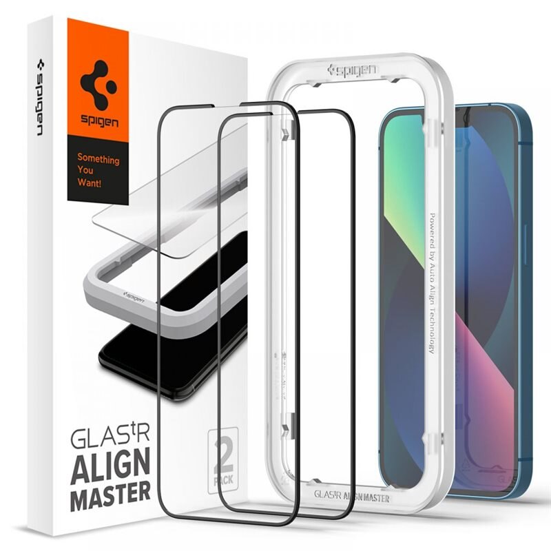 Spigen iPhone 13 AlignMaster GLAS.tR Black (2-pack) - Herdet glass skjermbeskytter med monteringsramme - Enkel installasjon
