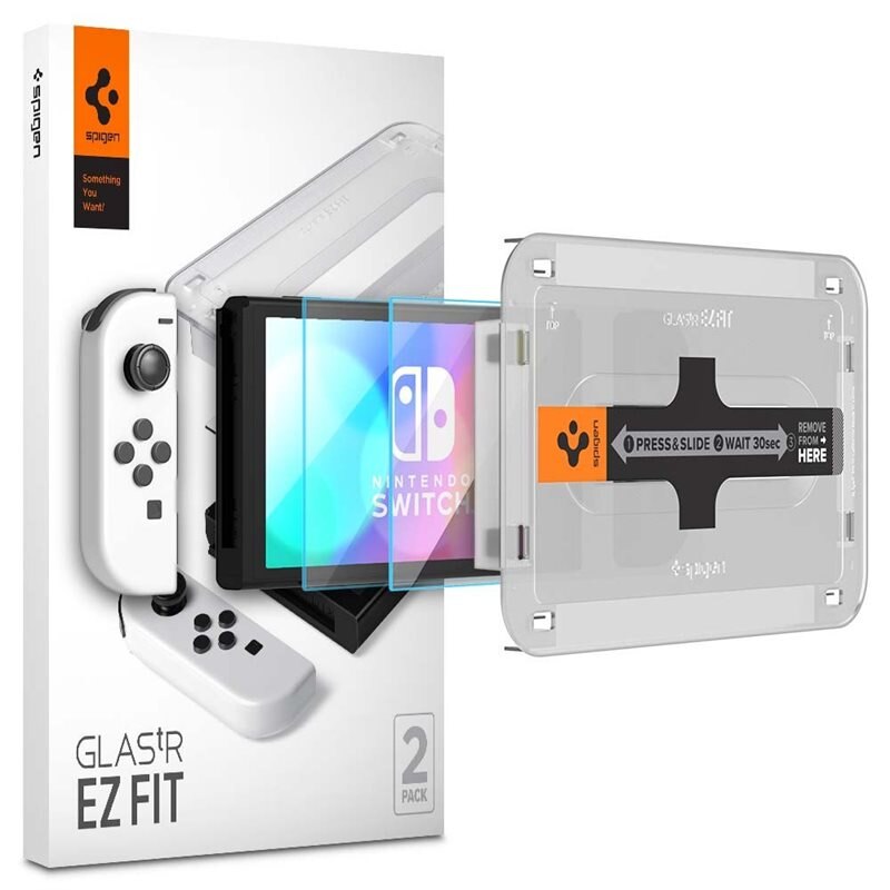 Spigen Nintendo Switch OLED Screen Protector GLAS.tR EZ Fit (2-pack) - Herdet glass skjermbeskytter med monteringsramme - Enkel installasjon