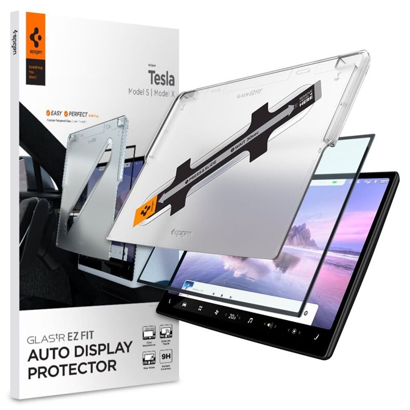 Spigen Tesla Modell X 2022/S 2021 GLAS.tR EZ Fit Black - Herdet glass skjermbeskytter med monteringsramme - Enkel installasjon