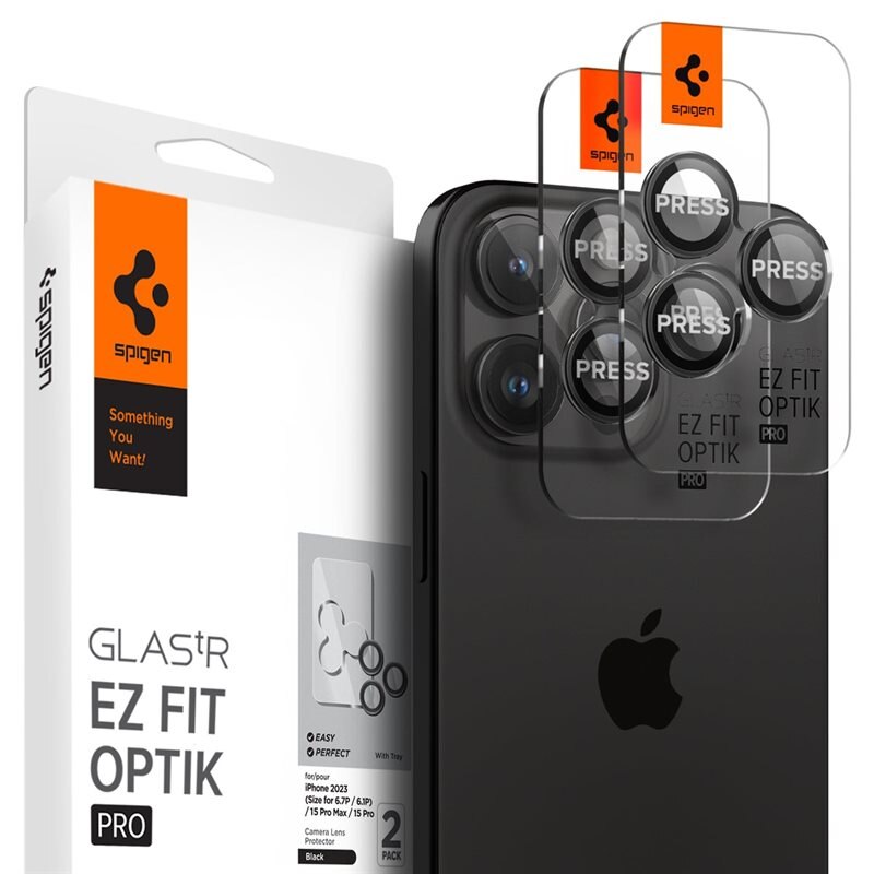 Spigen iPhone 15 Pro EZ Fit Optik Pro Lens Protector (2-pack) Black - Herdet glass linsebeskytter med monteringsramme - Enkel installasjon