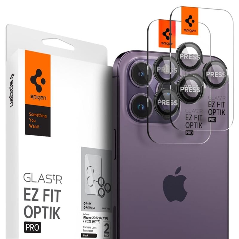 Spigen iPhone 14 Pro Max EZ Fit Optik Pro Lens Protector (2-pack) Black - Herdet glass linsebeskytter med monteringsramme - Enkel installasjon