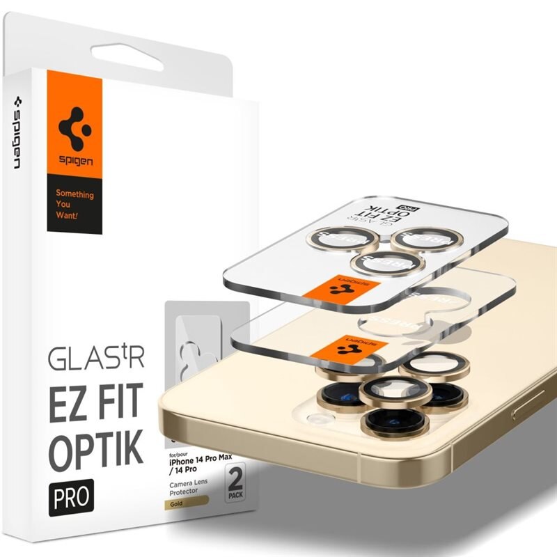 Spigen iPhone 14 Pro Max EZ Fit Optik Pro Lens Protector (2-pack) Gold - Herdet glass linsebeskytter med monteringsramme - Enkel installasjon