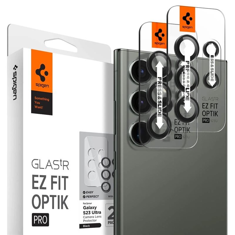 Spigen Samsung Galaxy S23 Ultra EZ Fit Optik Pro Lens Protector (2-pack) - Herdet glass linsebeskytter med monteringsramme - Enkel installasjon