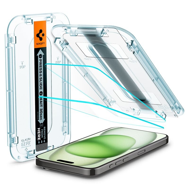 Spigen iPhone 15 Plus Screen Protector GLAS.tR EZ Fit (2-pack) - Herdet glass skjermbeskytter med monteringsramme - Enkel installasjon