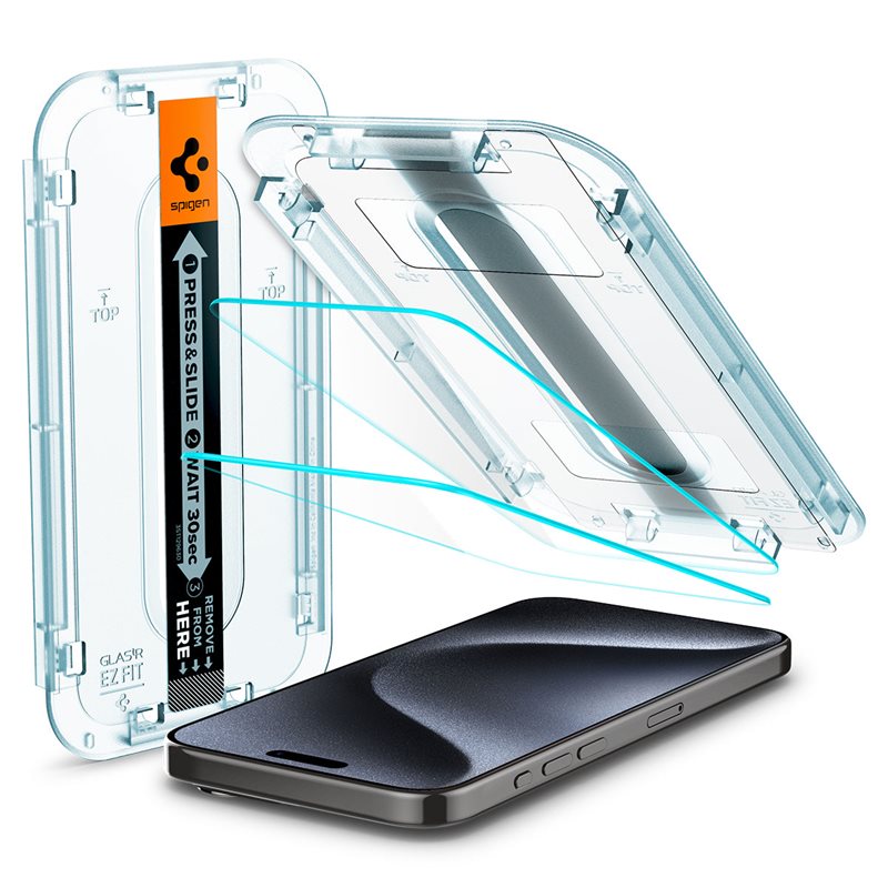Spigen iPhone 15 Pro Screen Protector GLAS.tR EZ Fit (2-pack) - Herdet glass skjermbeskytter med monteringsramme - Enkel installasjon