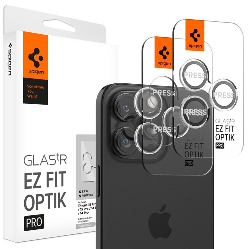 Spigen iPhone 14 Pro EZ Fit Optik Pro Lens Protector (2-pack) Crystal Clear - Herdet glass linsebeskytter med monteringsramme - Enkel installasjon