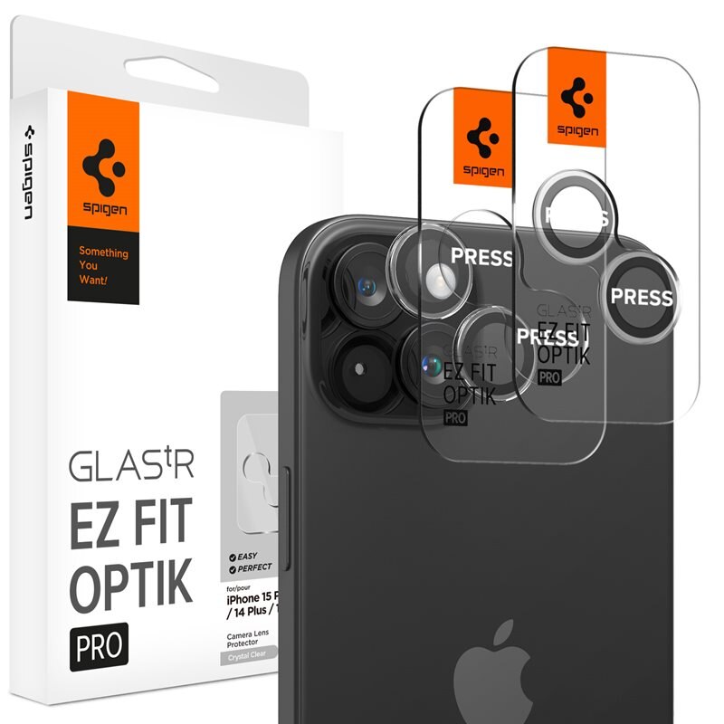Spigen iPhone 15 EZ Fit Optik Pro Lens Protector (2-pack) Black - Herdet glass linsebeskytter med monteringsramme - Enkel installasjon