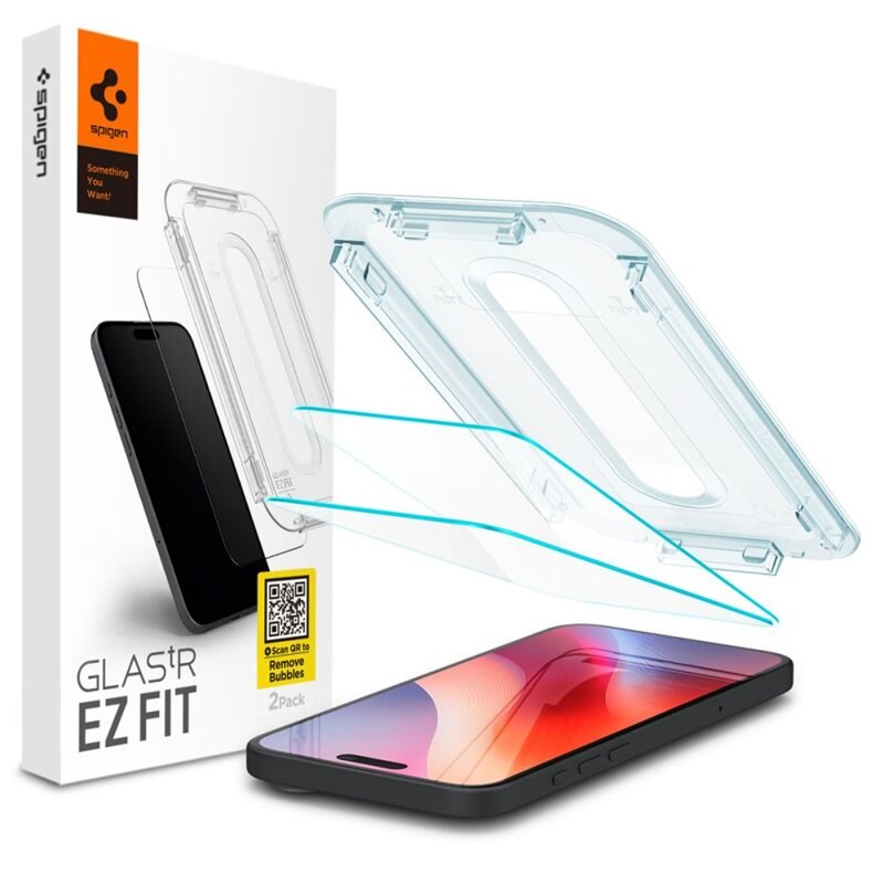 Spigen iPhone 16 Plus Screen Protector GLAS.tR EZ Fit (2-pack) - Herdet glass skjermbeskytter med monteringsramme - Enkel installasjon