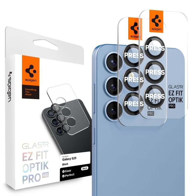 Spigen Samsung Galaxy S25 EZ Fit Optik Lens Protector (2-pack) Black - Herdet glass linsebeskytter med monteringsramme - Enkel installasjon