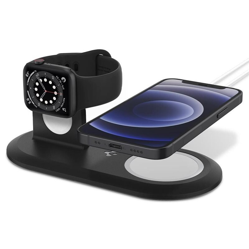 Spigen MagFit Charge Stand Duo Black - Praktisk ladestasjon til iPhone og Apple Watch - All-in-one ladeløsning