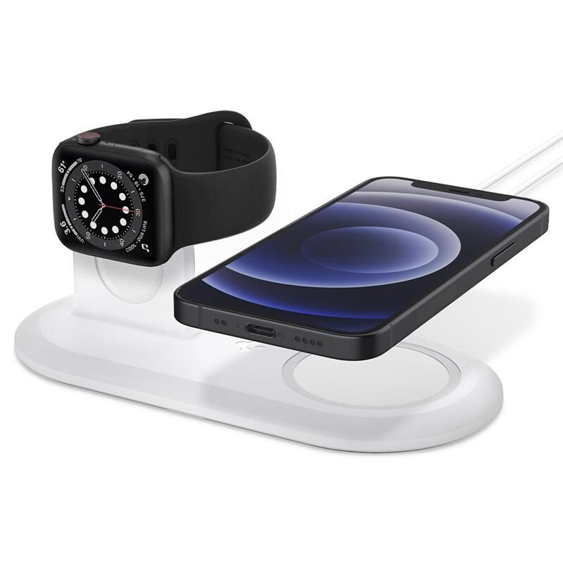 Spigen MagFit Charge Stand Duo White - Praktisk ladestasjon til iPhone og Apple Watch - All-in-one ladeløsning