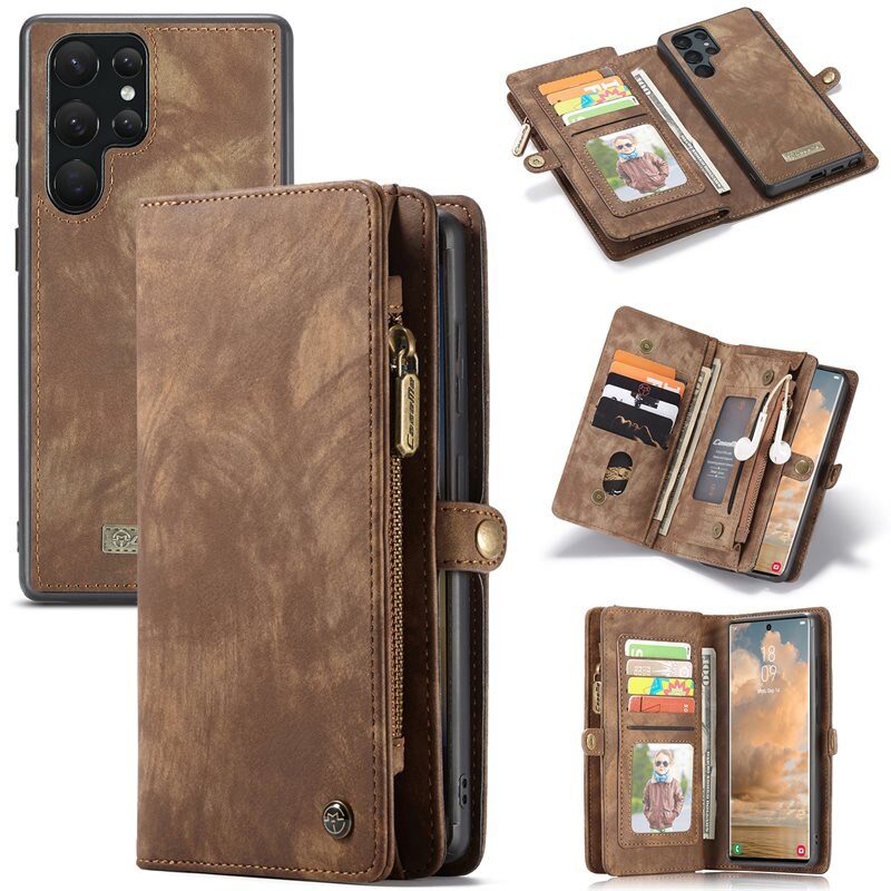 CaseMe Multi-slot Lommeboksetui Samsung Galaxy S22 Ultra Brun - Mobildeksel med ekstra mange kortplasser - Kortholder