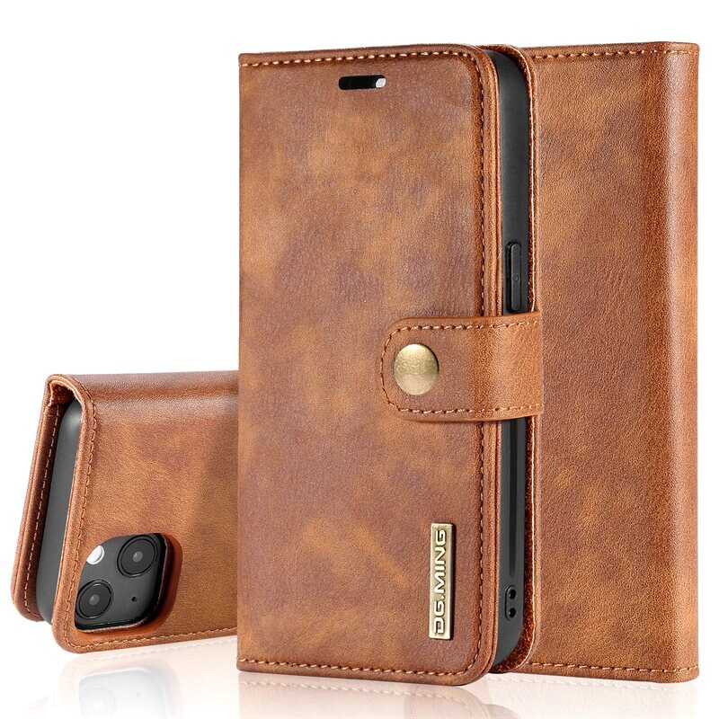 DG.MING Magnet Wallet iPhone 13 Mini Cognac - Stilrent lær-etui med avtagbart magnetisk deksel
