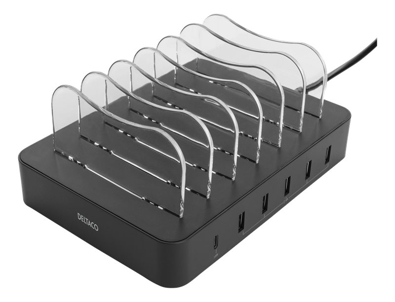 Deltaco Ladestasjon for 6 enheter, 5x USB-A, 1x USB-C 50W svart