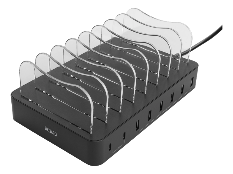 Deltaco Ladestasjon for 8 enheter, 6x USB-A, 2x USB-C 75W svart