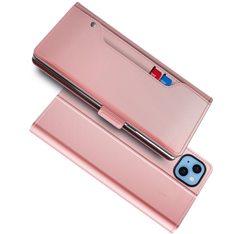 Lommebokdeksel Speil iPhone 14 Rosa Gull - Pengepungdeksel med kortlomme
