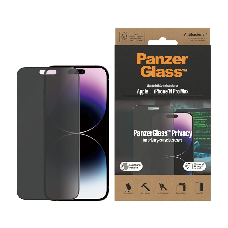 PanzerGlass iPhone 14 Pro Max Privacy Screen Protector (with EasyAligner) Ultra Wide Fit - Herdet glass personvernbildebeskytter med monteringsramme