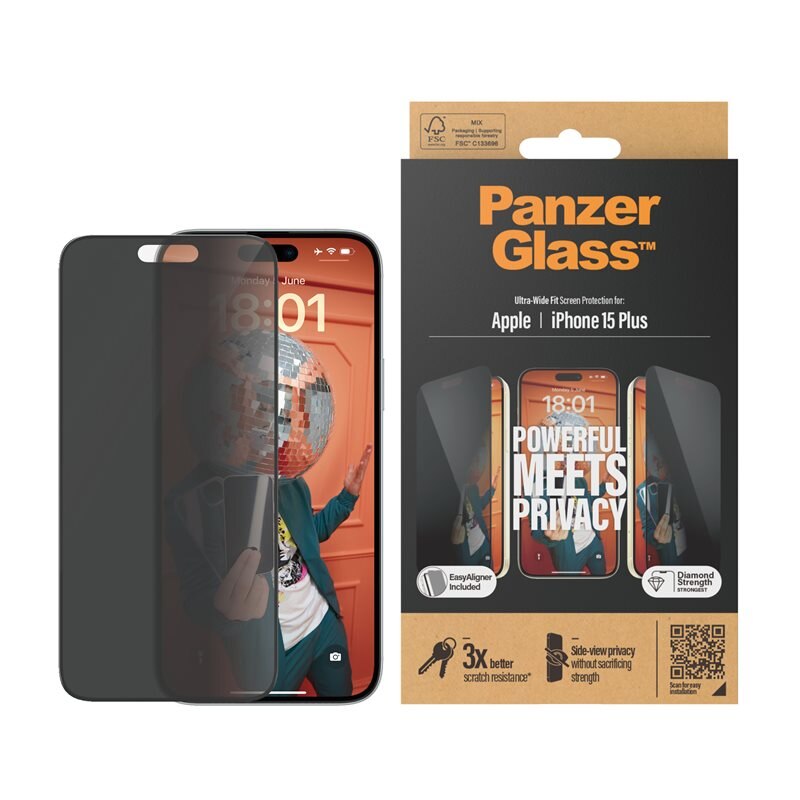 PanzerGlass iPhone 15 Plus Privacy Skjermbeskytter (with EasyAligner) Ultra Wide Fit - Herdet glass personvernbildebeskytter med monteringsramme