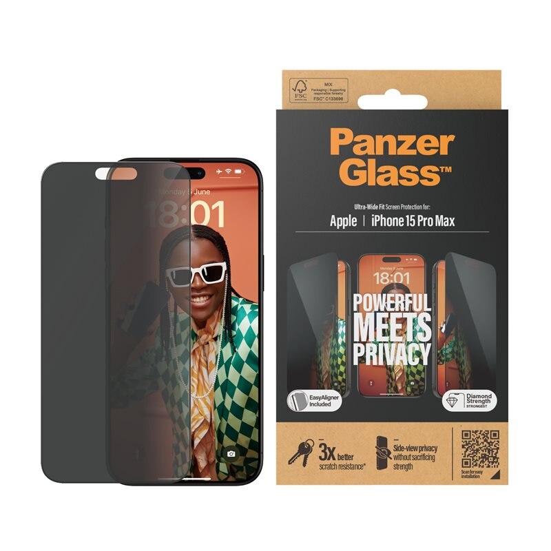 PanzerGlass iPhone 15 Pro Max Privacy Skjermbeskytter (with EasyAligner) Ultra Wide Fit - Herdet glass personvernbildebeskytter med monteringsramme