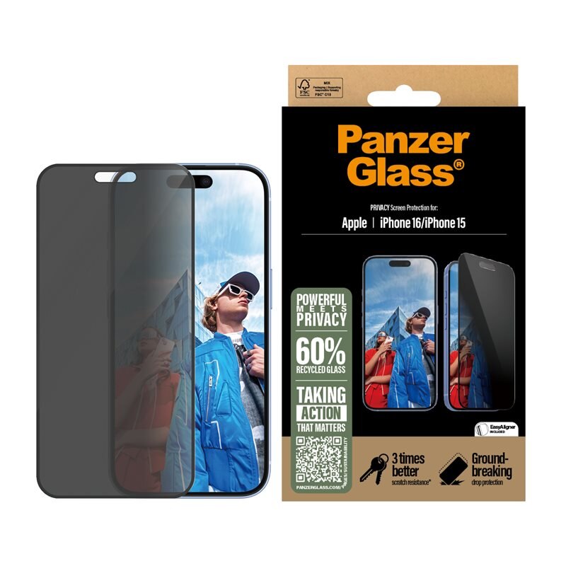 PanzerGlass iPhone 15 Privacy Screen Protector (with EasyAligner) Ultra Wide Fit - Herdet glass personvernbildebeskytter med monteringsramme