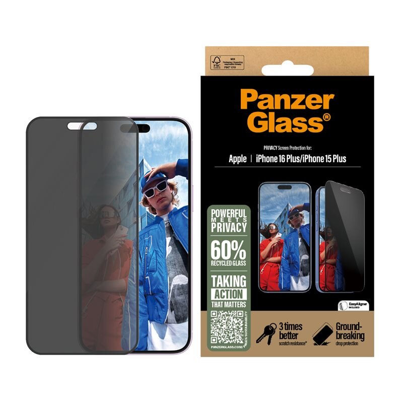 PanzerGlass iPhone 16 Plus Privacy Screen Protector (with EasyAligner) Ultra Wide Fit - Herdet glass personvernbildebeskytter med monteringsramme